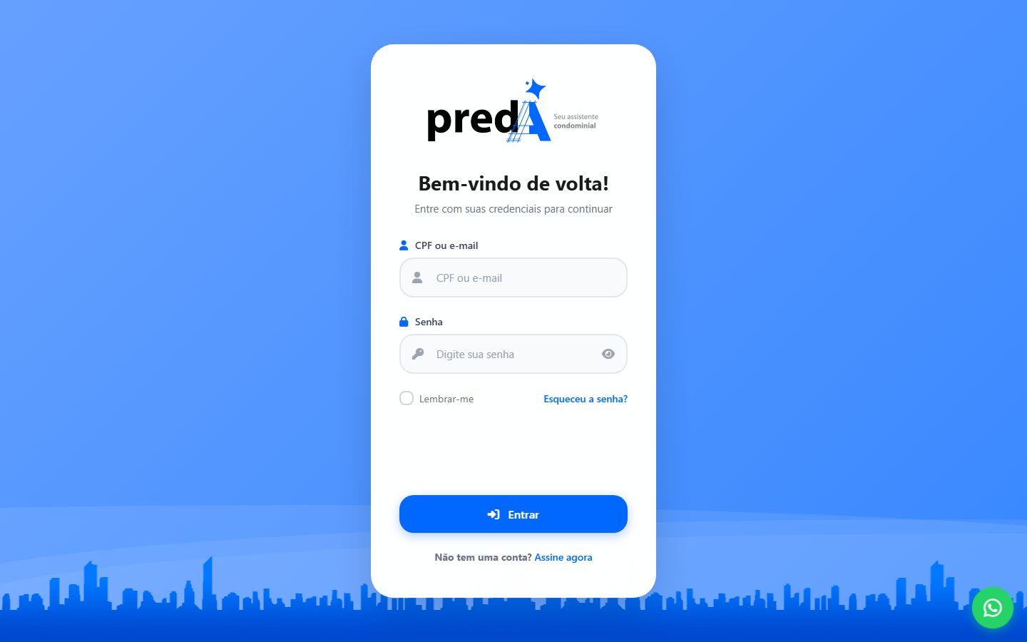 Tela de login do PredIA com campo CPF ou e-mail, senha, Lembrar-me e Esqueceu a senha.