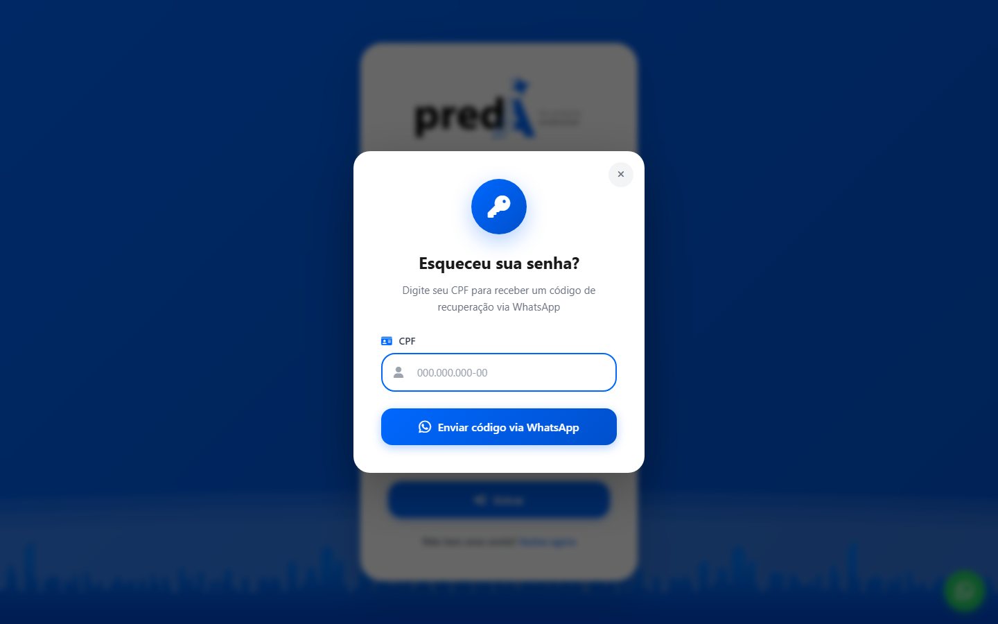 Fluxo Esqueceu a senha: informar CPF, código por e-mail e WhatsApp, nova senha.