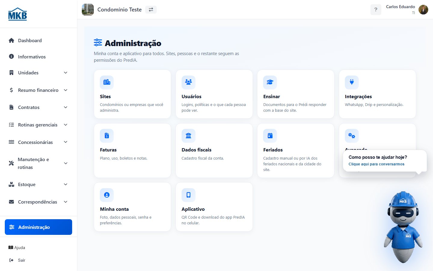 Hub Administração com o card Sites e lista de condomínios e empresas.