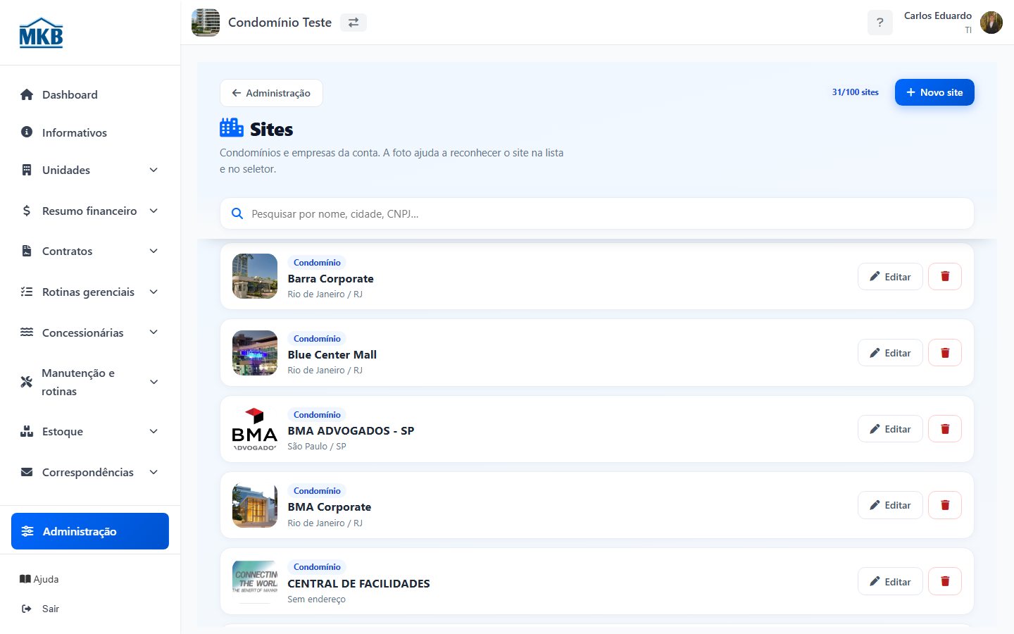 Lista de sites com selo Condomínio ou Empresa e botão Novo site.