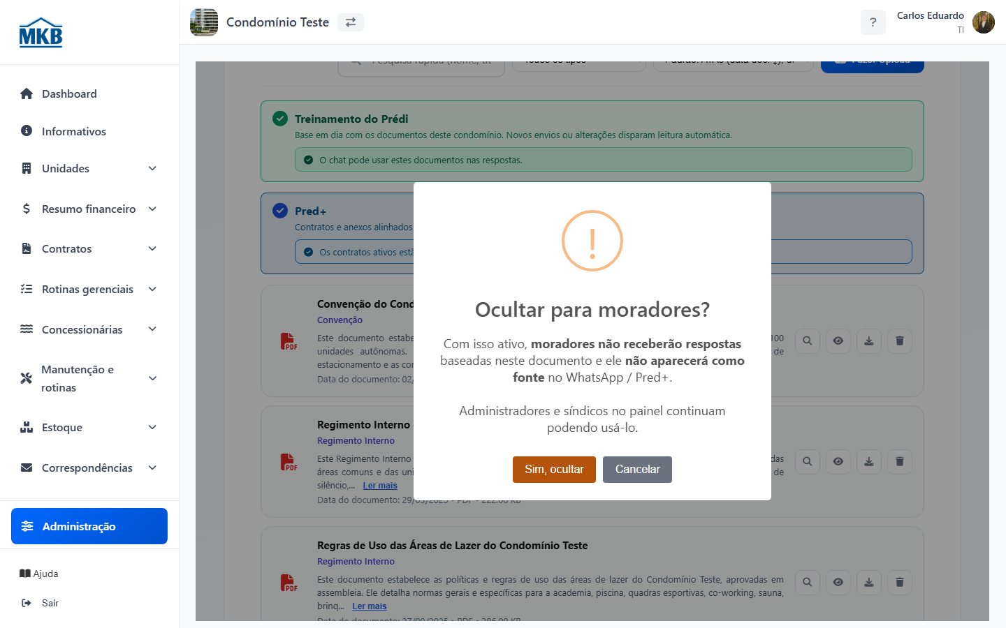 Confirmação para ocultar um documento das respostas e fontes dos moradores.