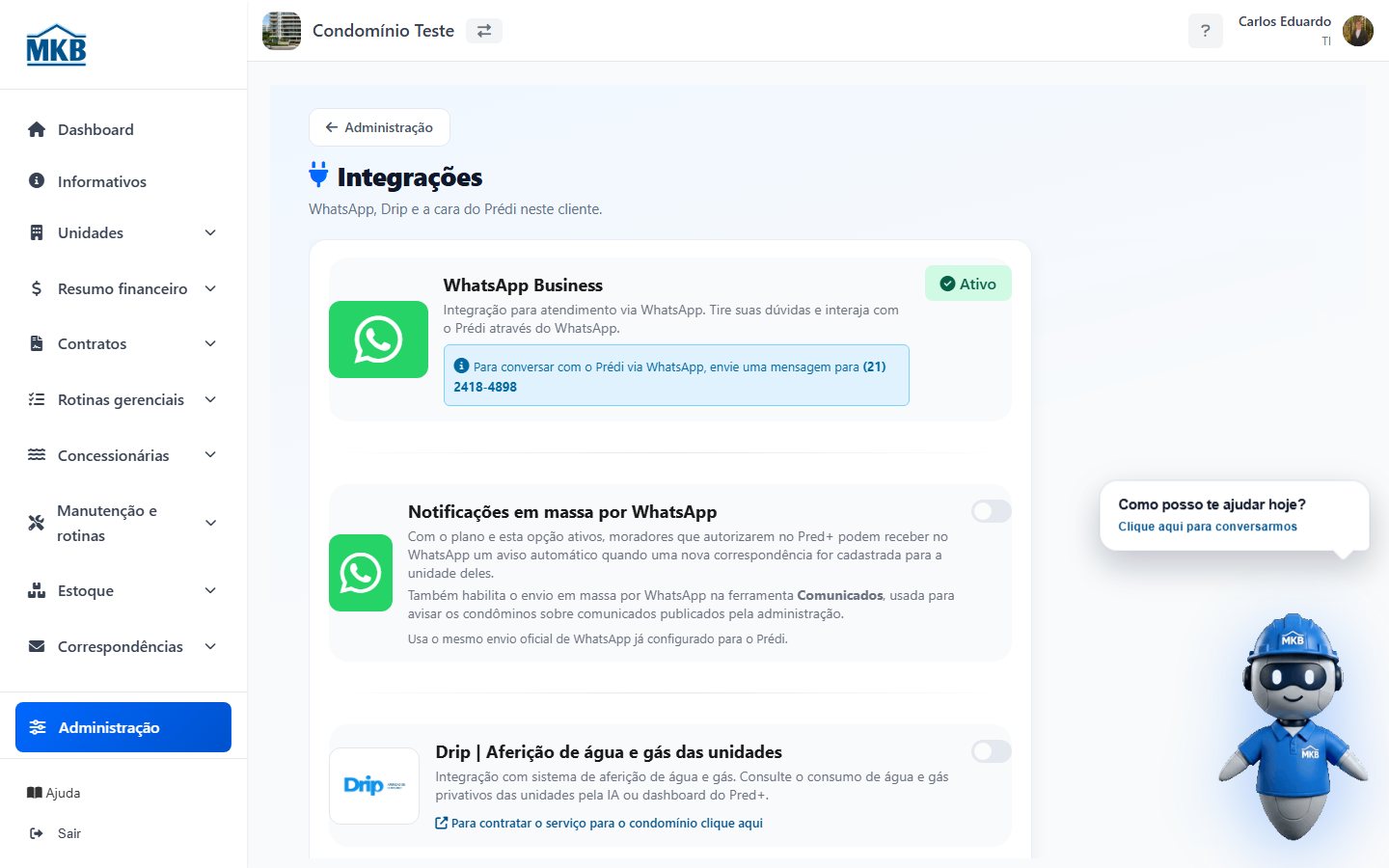 Tela Integrações com WhatsApp, Drip e Personalização.