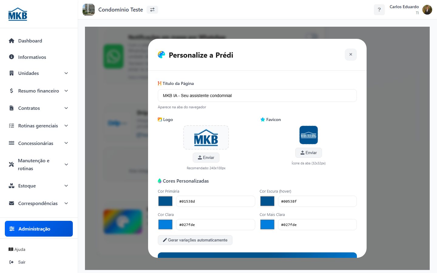 Modal de personalização com logo, cores e preview.