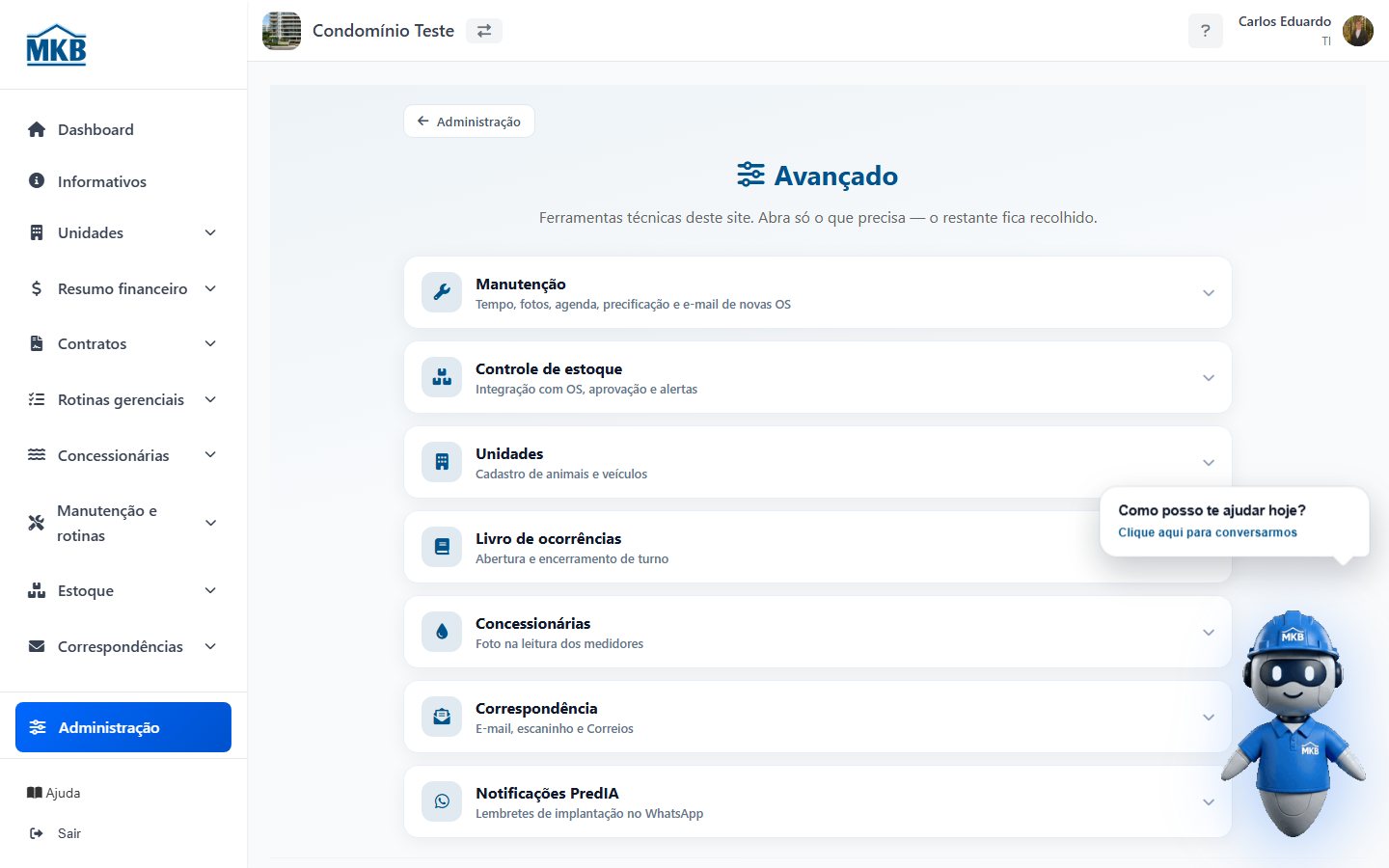 Tela Avançado com sanfonas de Manutenção, WhatsApp, Estoque, Unidades, Livro, Concessionárias, Correspondência e Notificações.