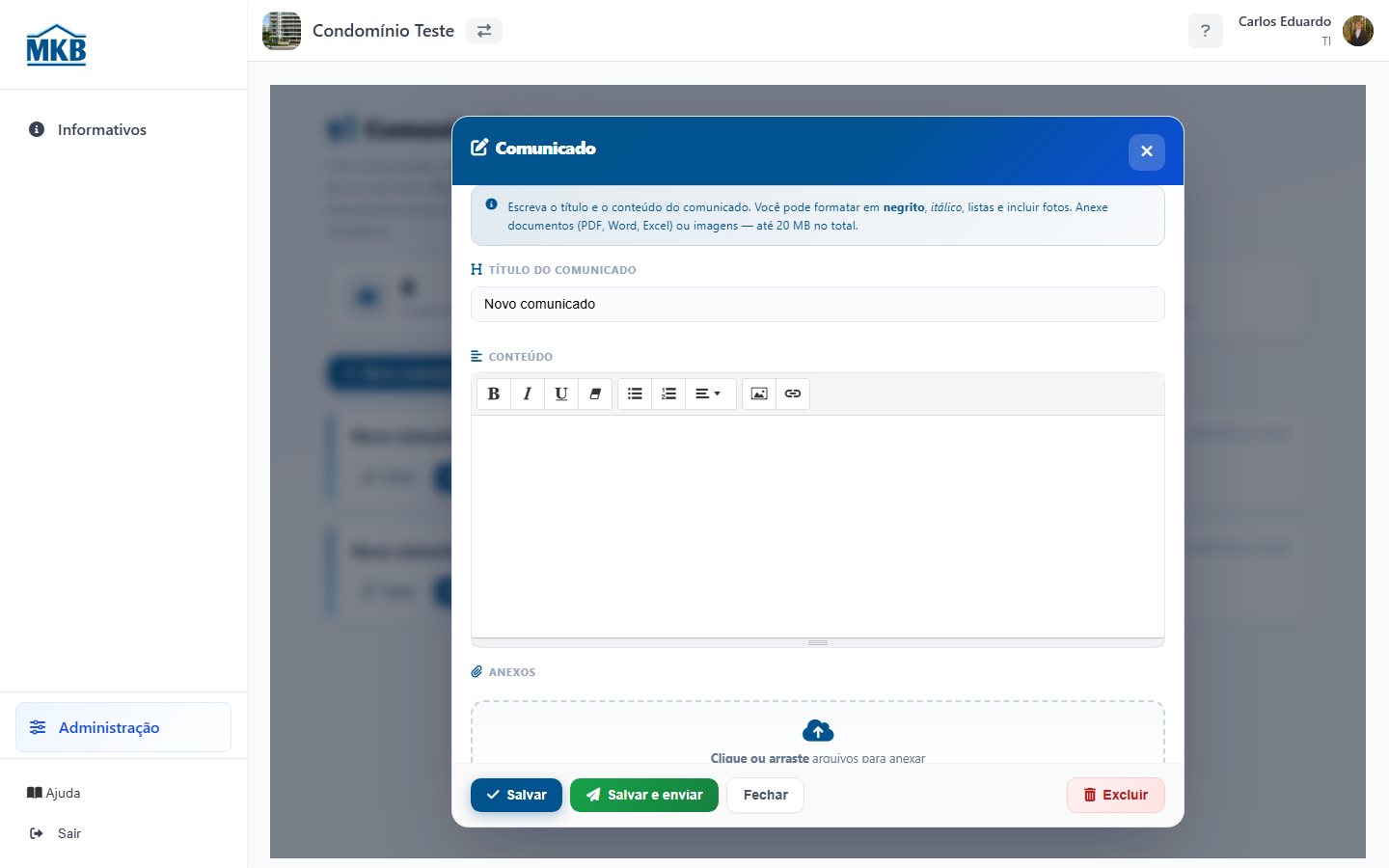 Editor de um comunicado.