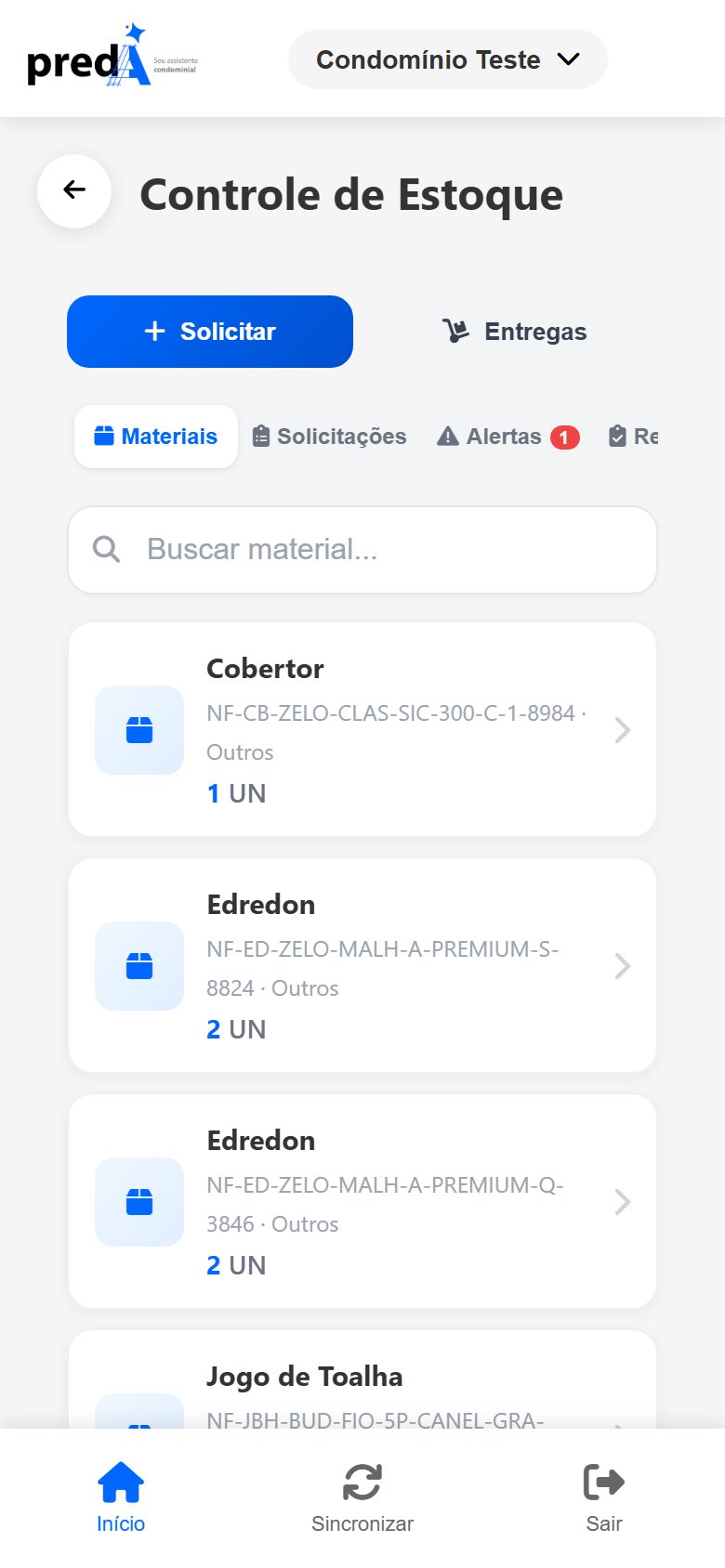 Estoque no aplicativo.