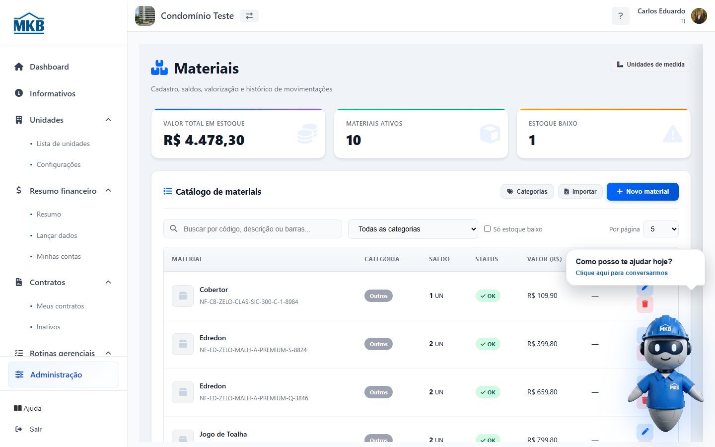 Lista de materiais.