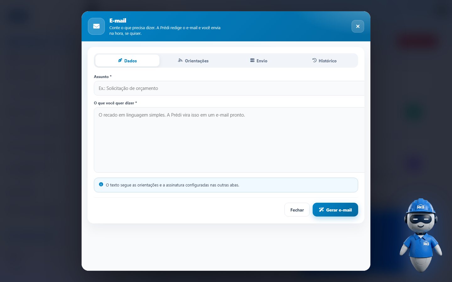 Chat da Prédi com rascunho de e-mail e envio.