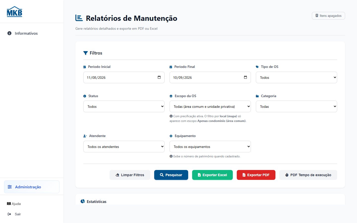 Relatórios de manutenção.