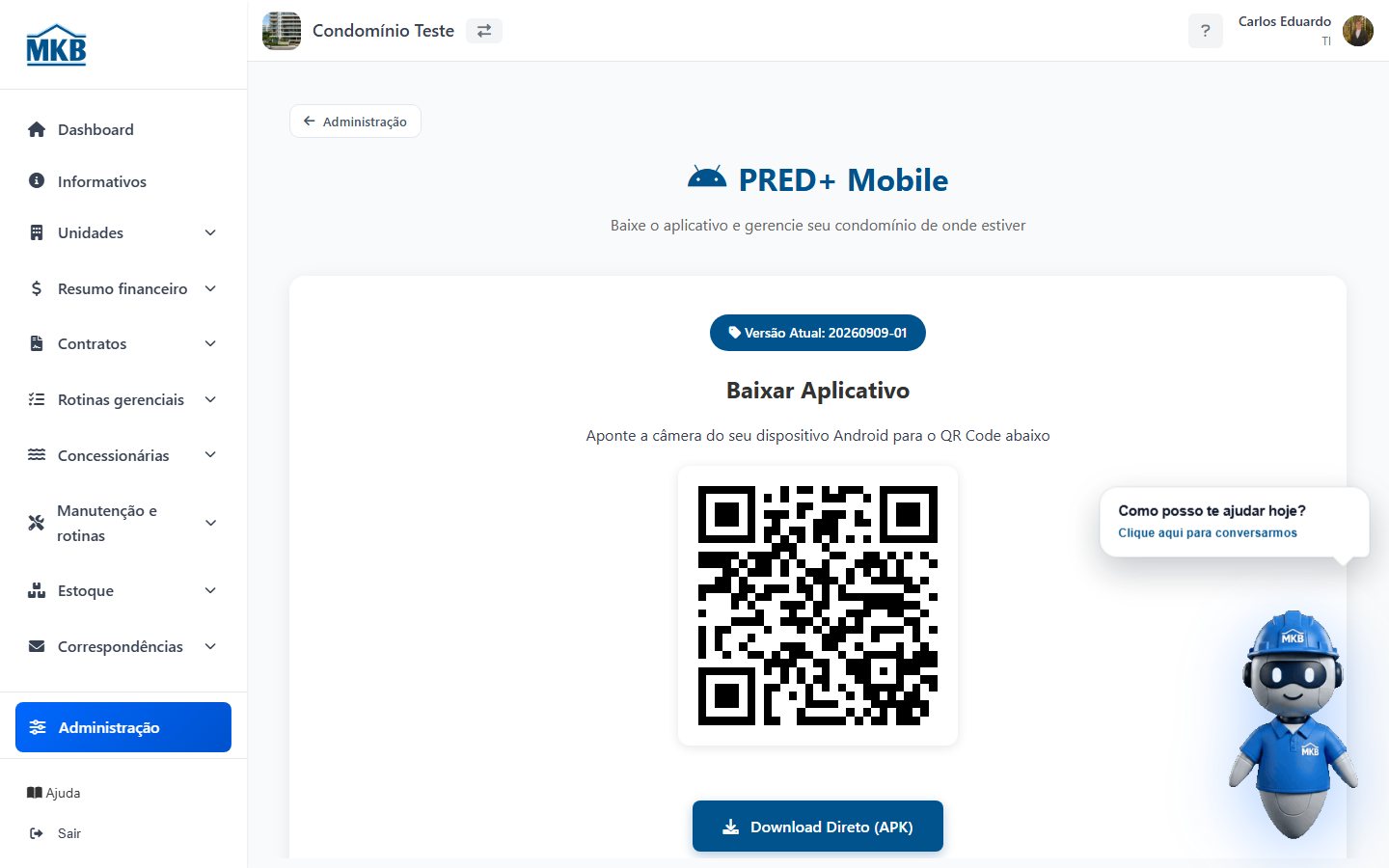 Tela Aplicativo com QR Code e botão de download do APK.