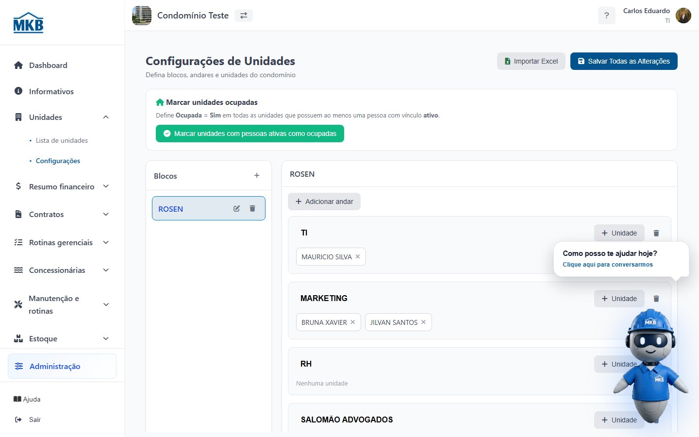 Configurações de unidades com blocos e andares.