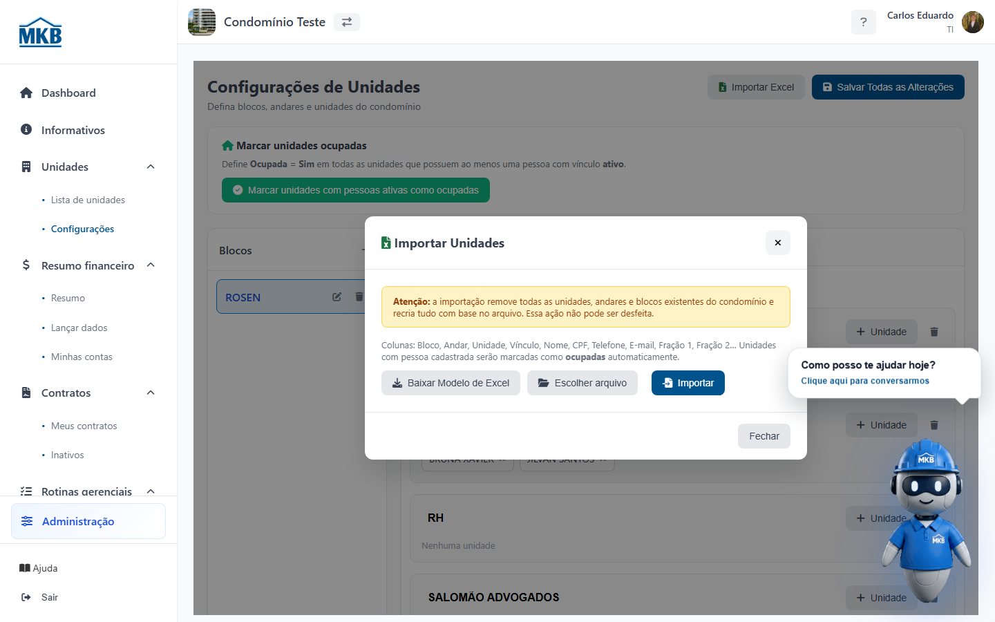 Modal de importar unidades por Excel.