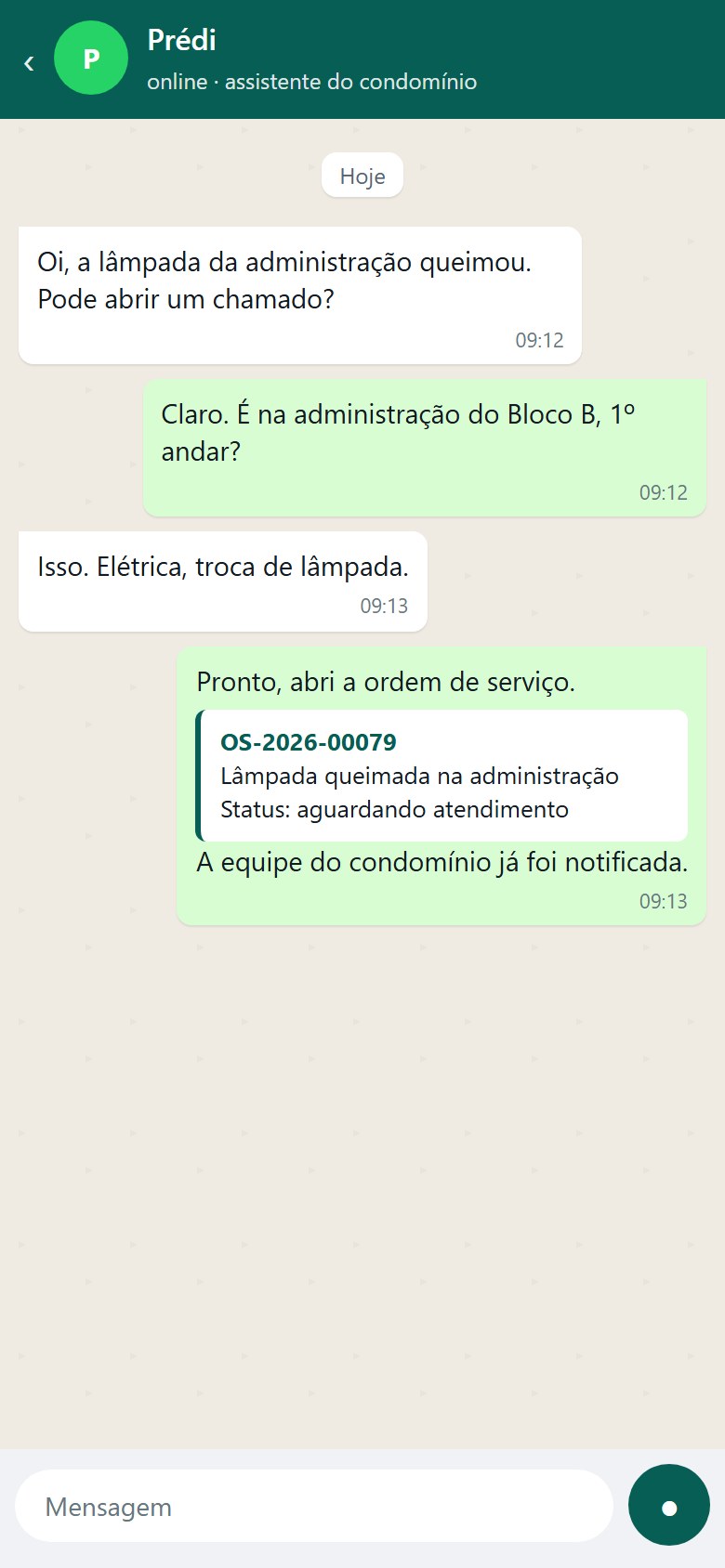 Conversa no WhatsApp abrindo uma OS.