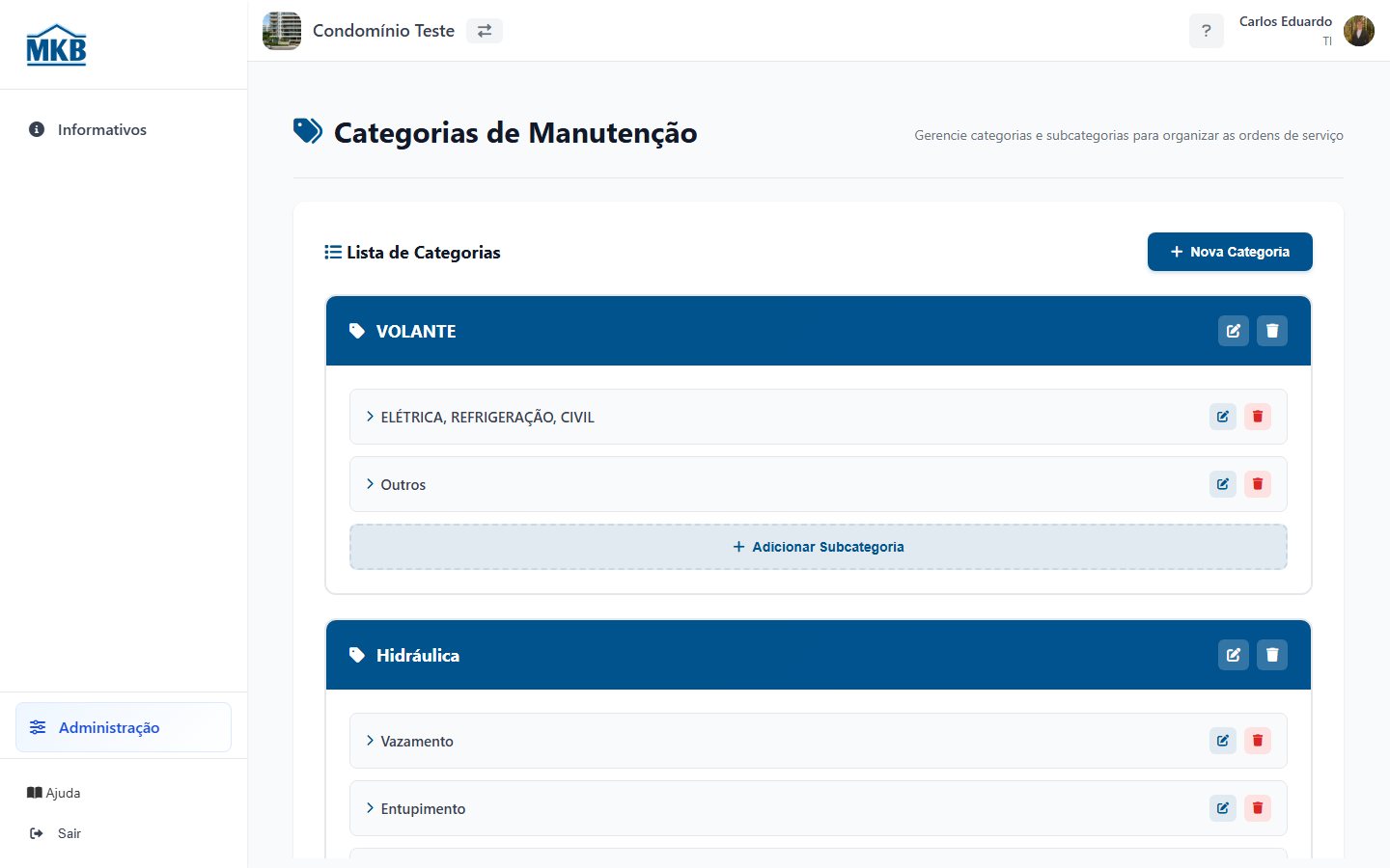 Categorias de manutenção.