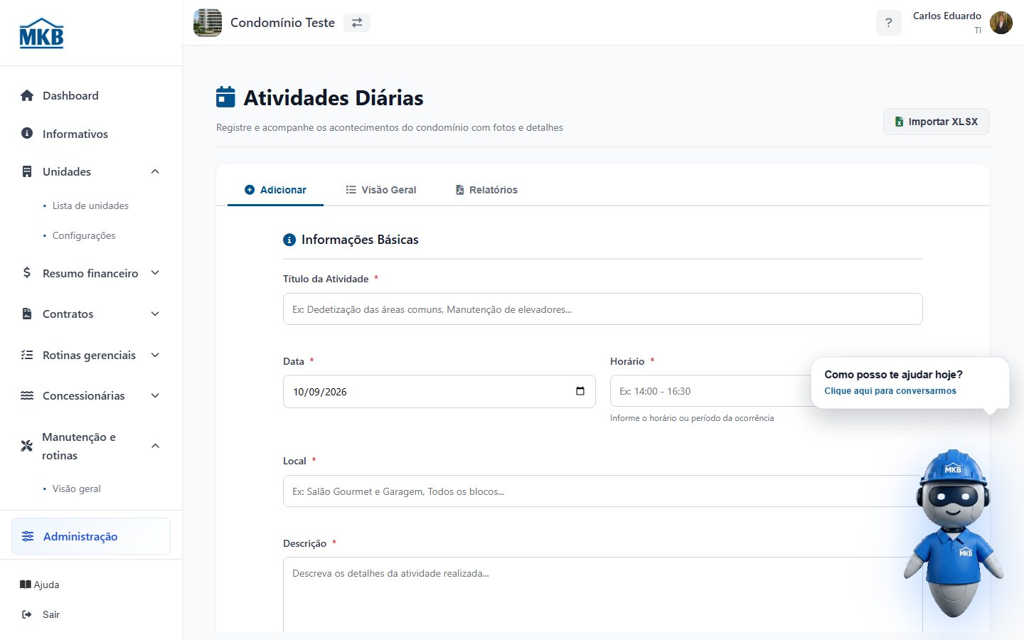 Adicionar atividade diária.